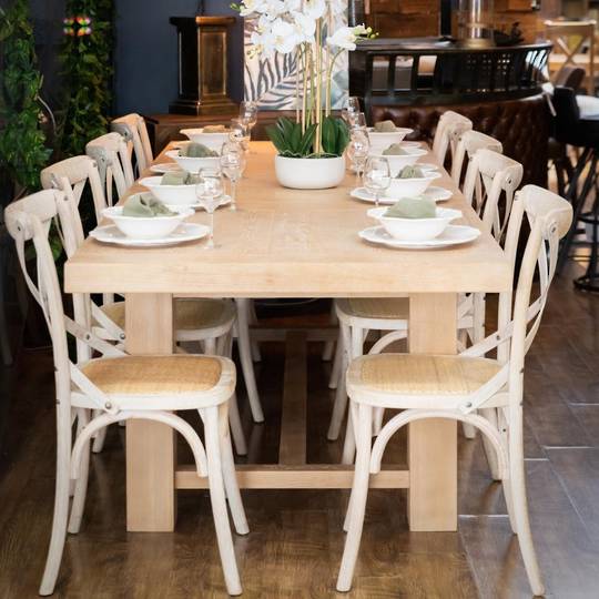 Oak Ext Table-White Washed Dining Table 2-2.8 Metres + 8 Marco Oak White Washed Wooden Cross Chair Set